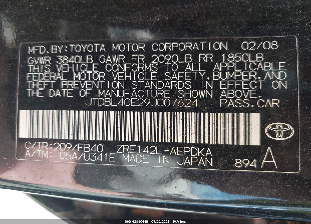 2009 TOYOTA COROLLA VIN: JTDBL40E29J007624