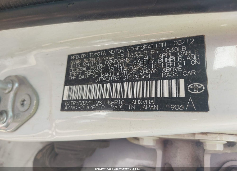2012 TOYOTA PRIUS C VIN: JTDKDTB31C1505064