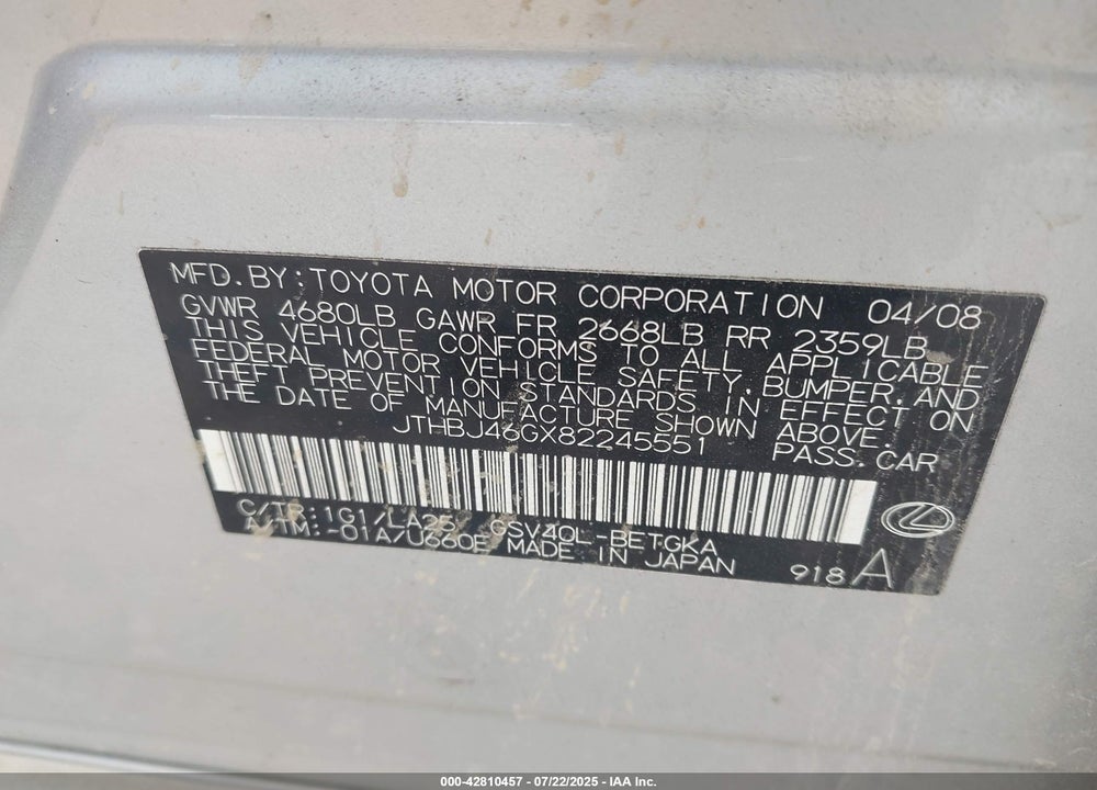 2008 LEXUS ES 350 VIN: JTHBJ46GX82245551