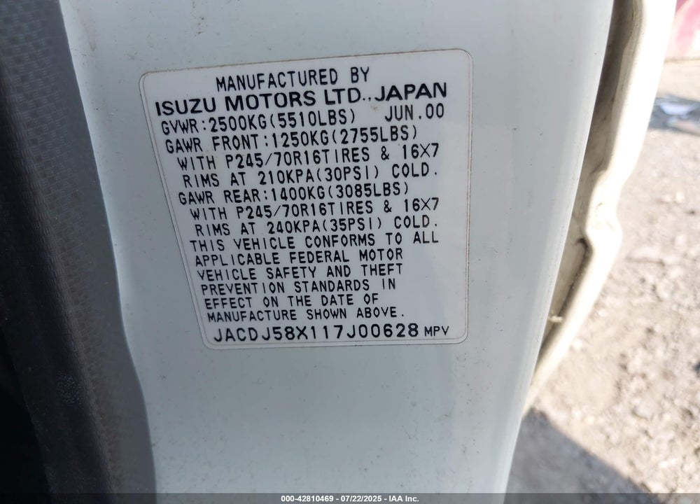 2001 ISUZU TROOPER LIMITED/LS/S VIN: JACDJ58X117J00628