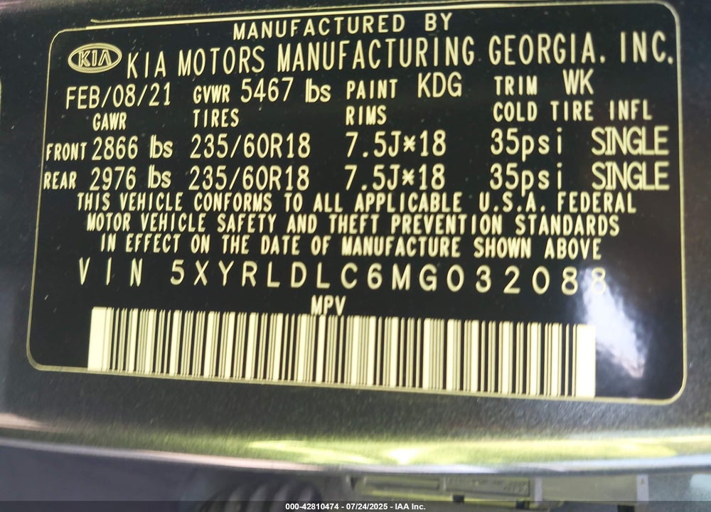 2021 KIA SORENTO VIN: 5XYRLDLC6MG032088