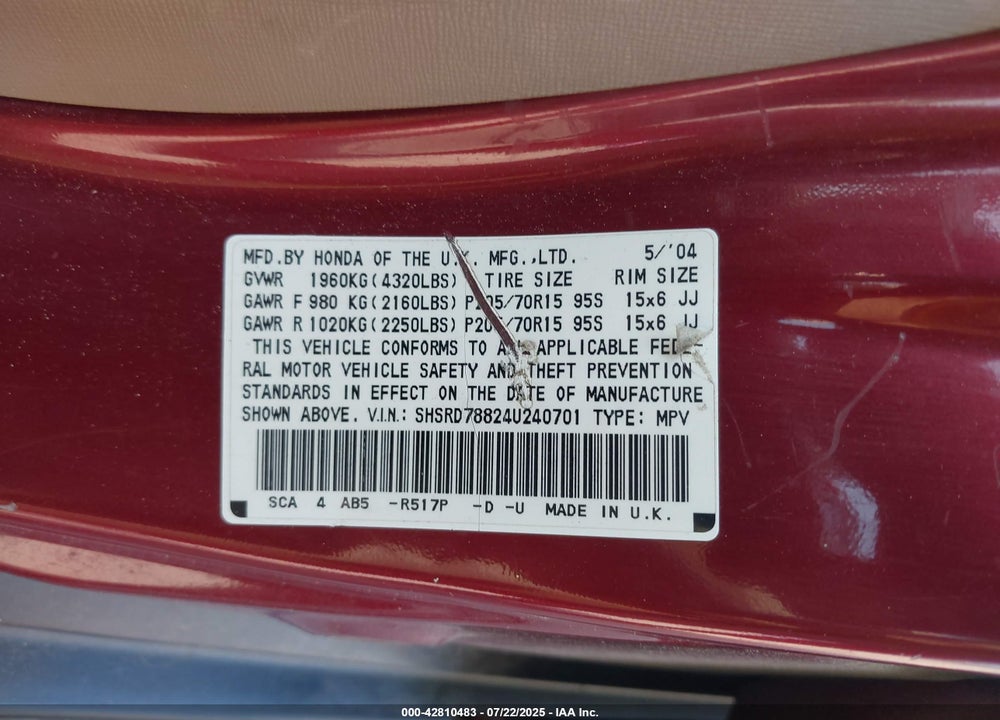 2004 HONDA CR-V VIN: SHSRD78824U240701