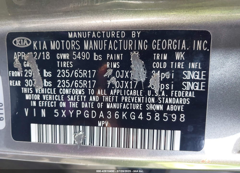 2019 KIA SORENTO VIN: 5XYPGDA36KG458598