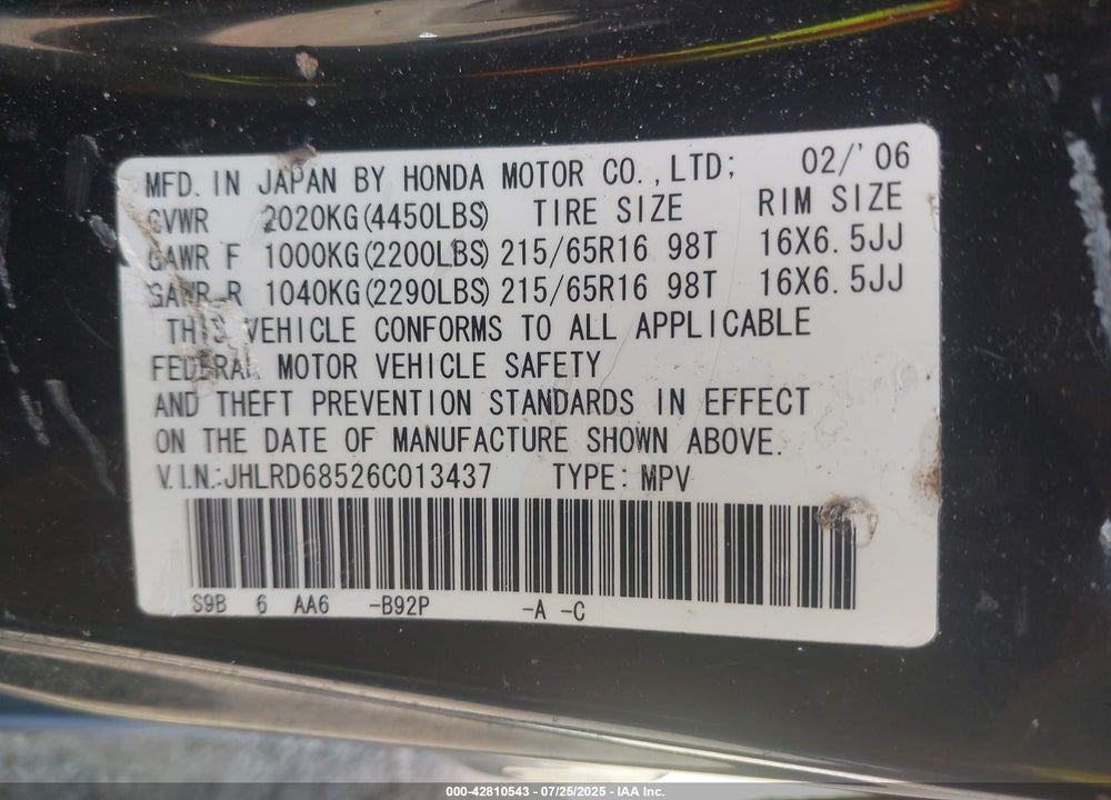 2006 HONDA CR-V VIN: JHLRD68526C013437
