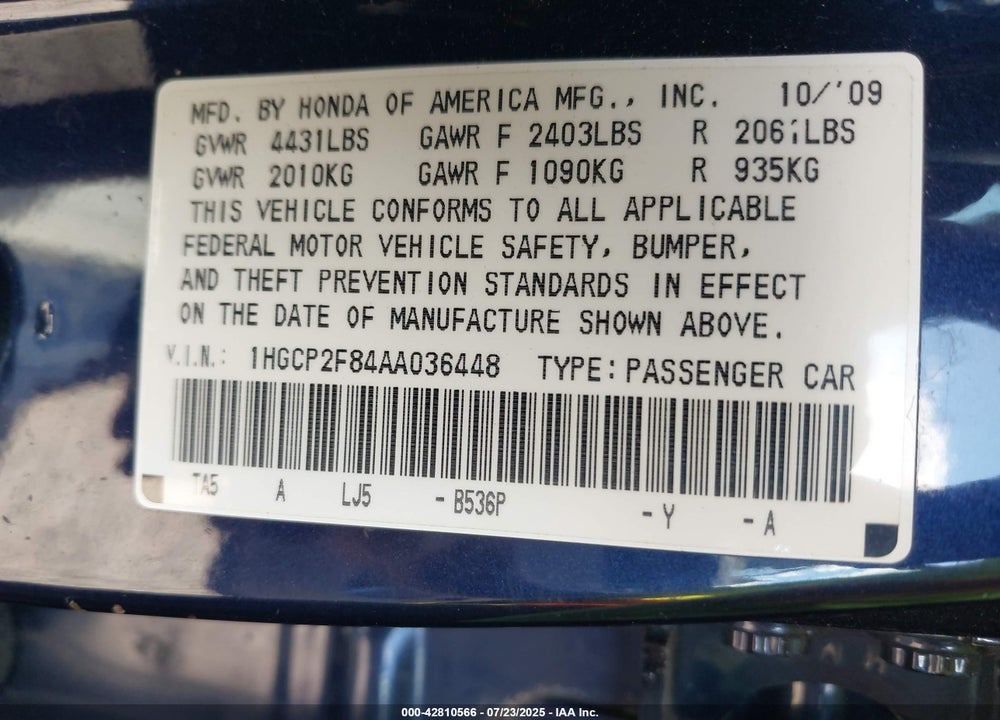 2010 HONDA ACCORD VIN: 1HGCP2F84AA036448