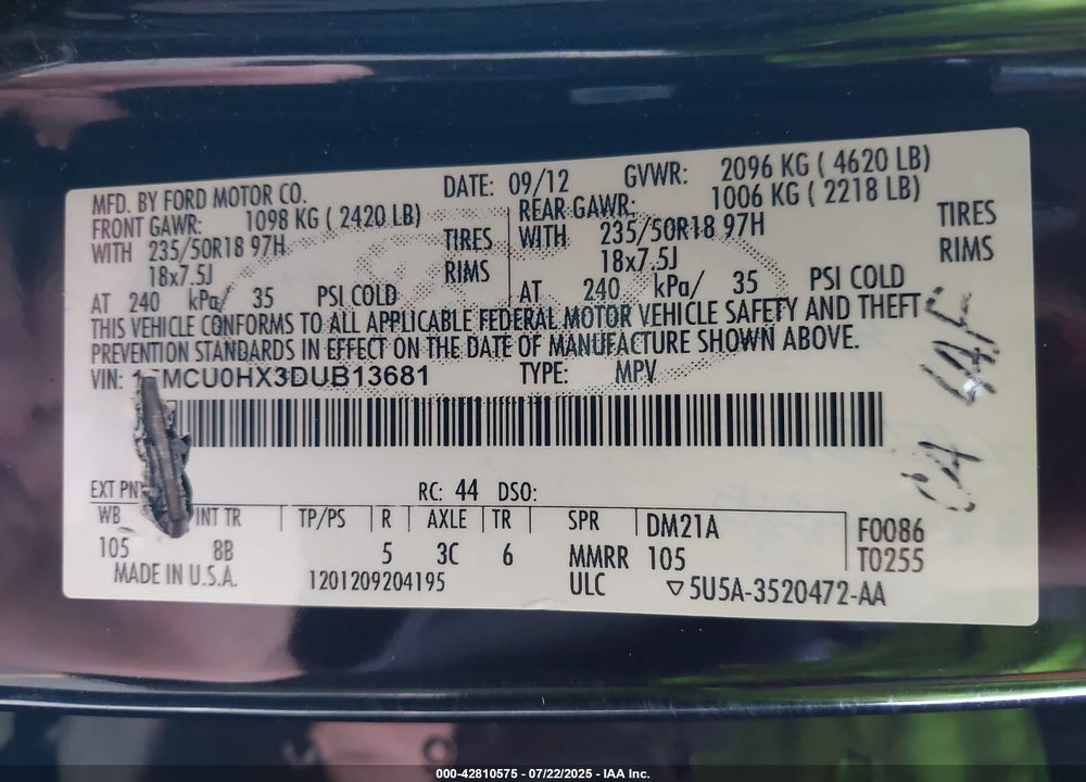 2013 FORD ESCAPE VIN: 1FMCU0HX3DUB13681