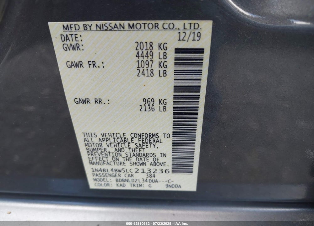 2020 NISSAN ALTIMA VIN: 1N4BL4BW5LC213236