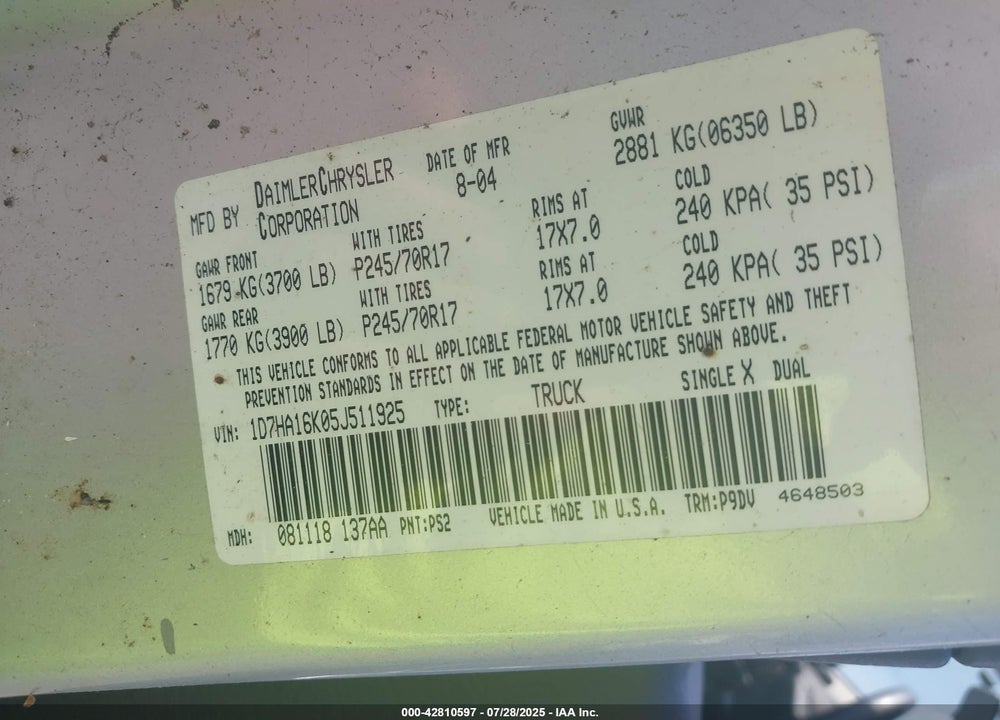 2005 DODGE RAM 1500 VIN: 1D7HA16K05J511925
