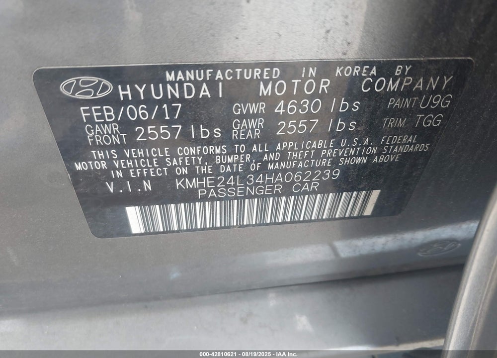 2017 HYUNDAI SONATA HYBRID SE VIN: KMHE24L34HA062239
