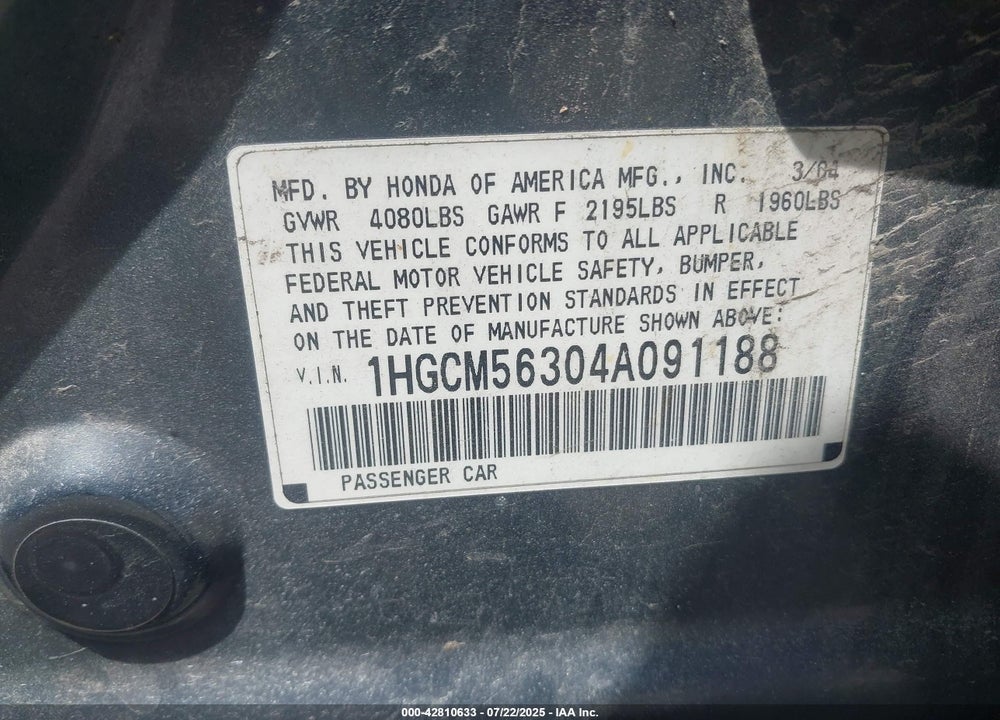 2004 HONDA ACCORD 2.4 LX VIN: 1HGCM56304A091188