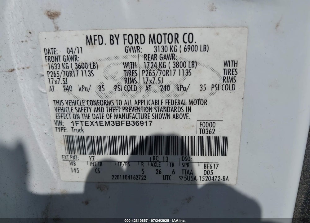 2011 FORD F-150 VIN: 1FTEX1EM3BFB36917