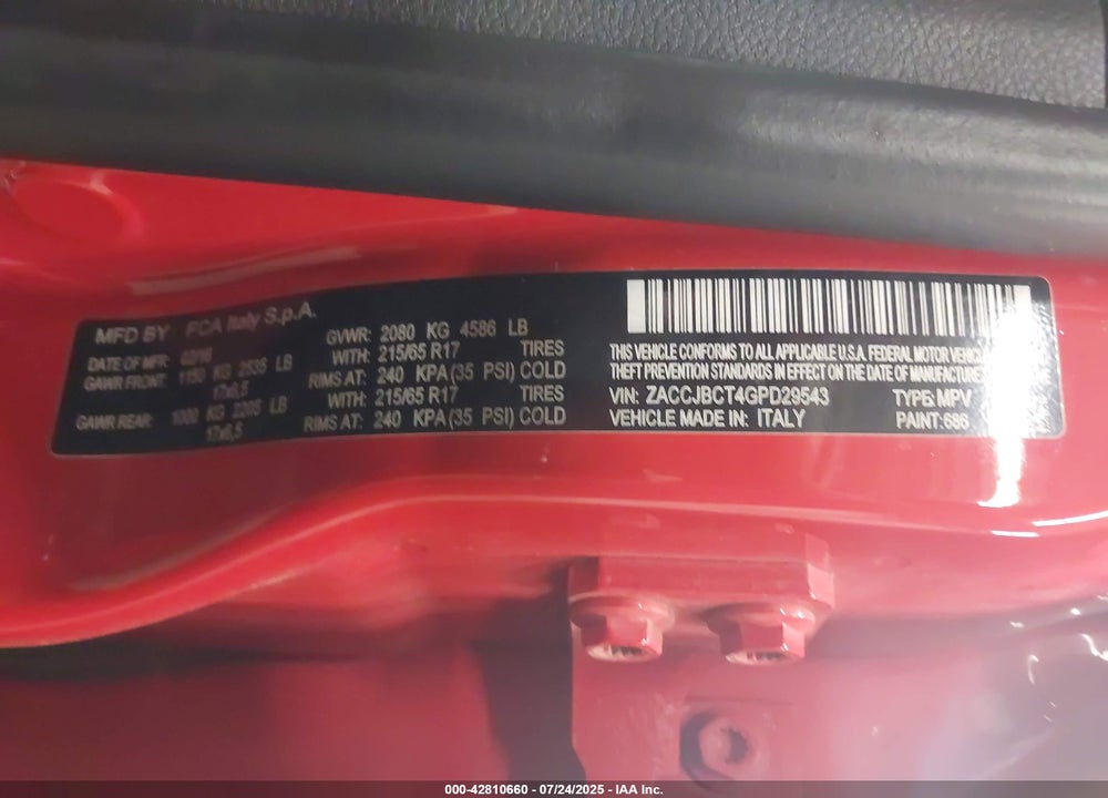 2016 JEEP RENEGADE VIN: ZACCJBCT4GPD29543