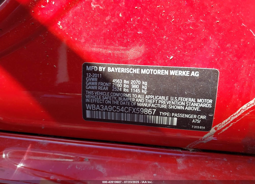 2012 BMW 3 SERIES VIN: WBA3A9C54CFX59867