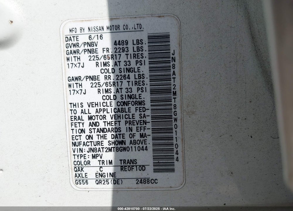 2016 NISSAN ROGUE VIN: JN8AT2MT8GW011044