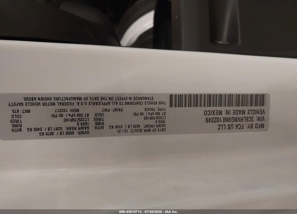 2022 RAM PROMASTER 1500 HIGH ROOF 136 WB VIN: 3C6LRVBG9NE102249