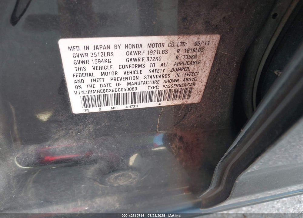 2013 HONDA FIT VIN: JHMGE8G36DC050080
