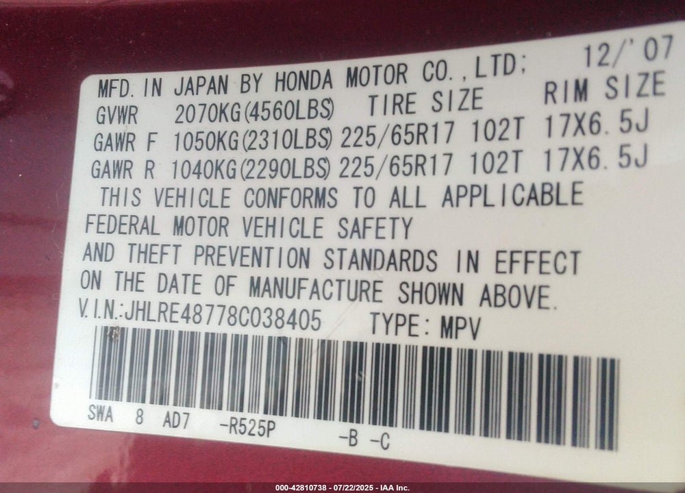2008 HONDA CR-V VIN: JHLRE48778C038405