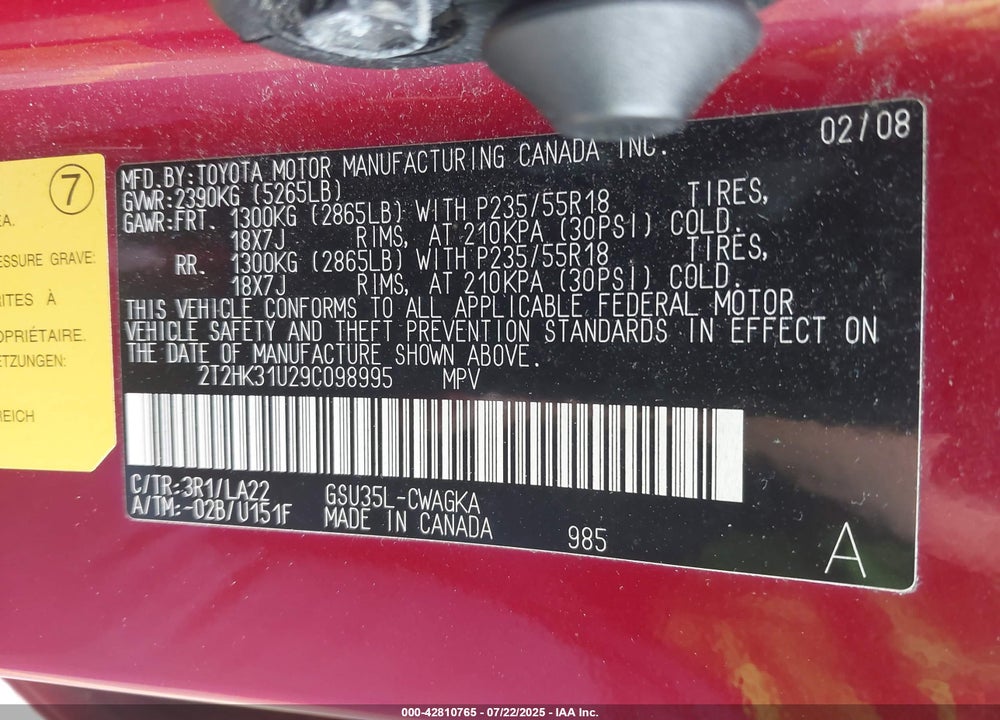 2009 LEXUS RX350 VIN: 2T2HK31U29C098995