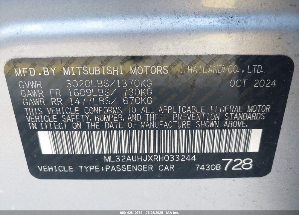 2024 MITSUBISHI MIRAGE VIN: ML32AUHJXRH033244