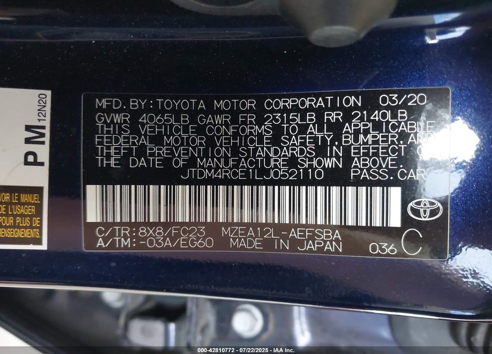 2020 TOYOTA COROLLA VIN: JTDM4RCE1LJ052110