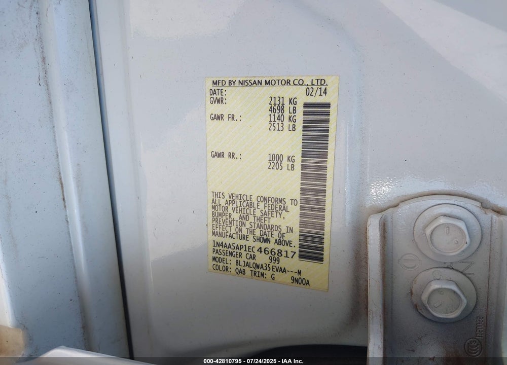 2014 NISSAN MAXIMA VIN: 1N4AA5AP1EC466817