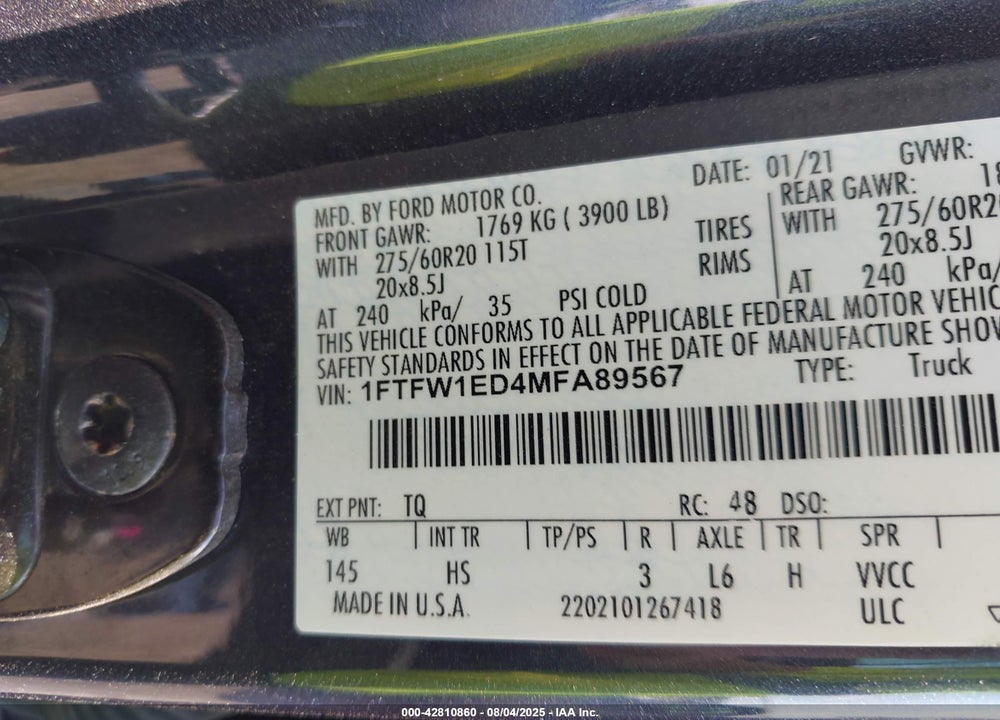 2021 FORD F-150 LARIAT VIN: 1FTFW1ED4MFA89567