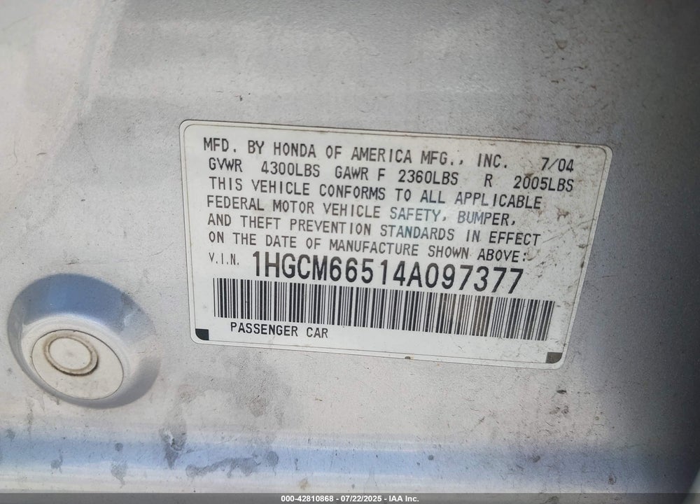 2004 HONDA ACCORD 3.0 EX VIN: 1HGCM66514A097377