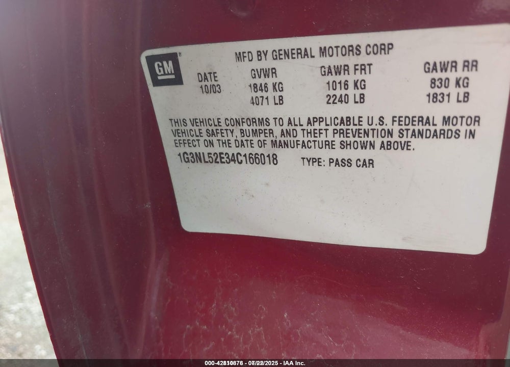 2004 OLDSMOBILE ALERO GL2 VIN: 1G3NL52E34C166018