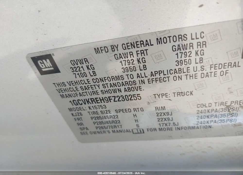 2015 CHEVROLET SILVERADO 1500 VIN: 1GCVKREH9FZ230255