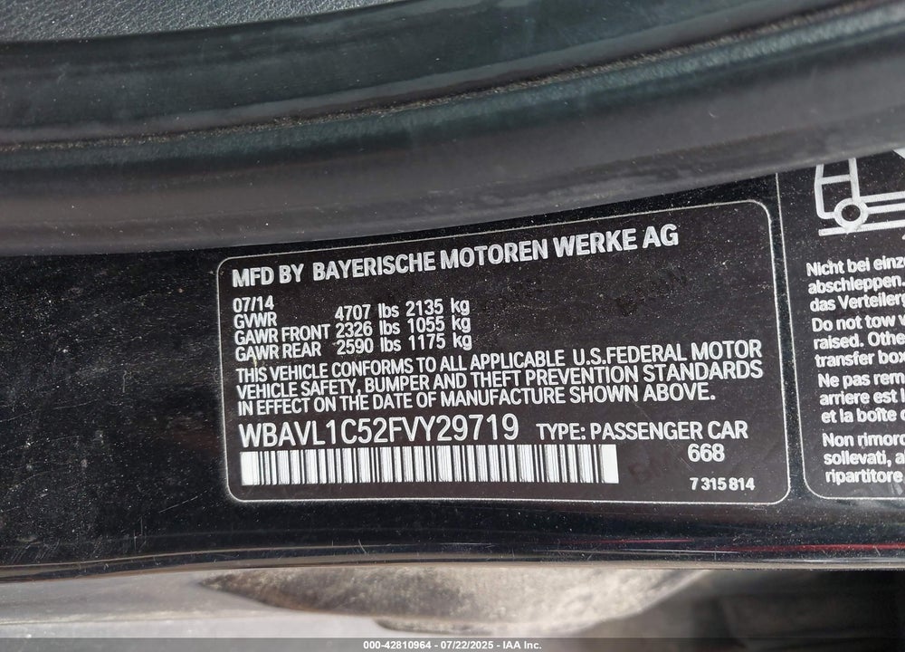 2015 BMW X1 VIN: WBAVL1C52FVY29719