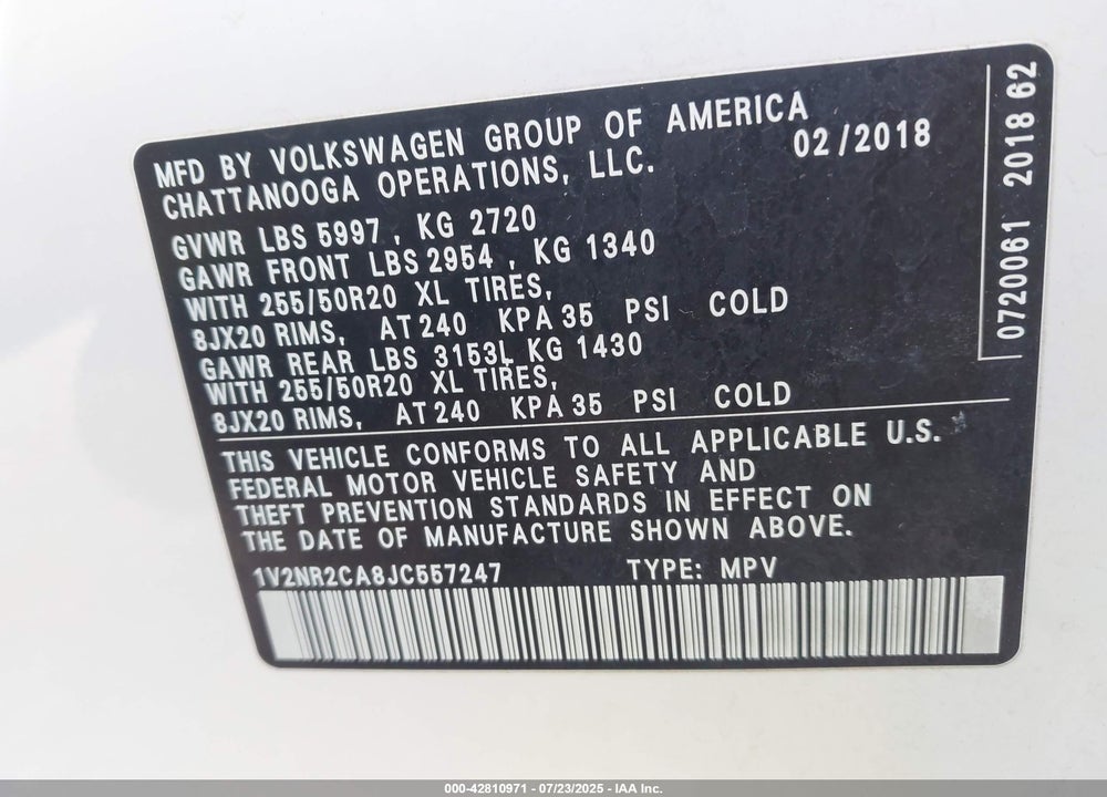 2018 VOLKSWAGEN ATLAS VIN: 1V2NR2CA8JC557247