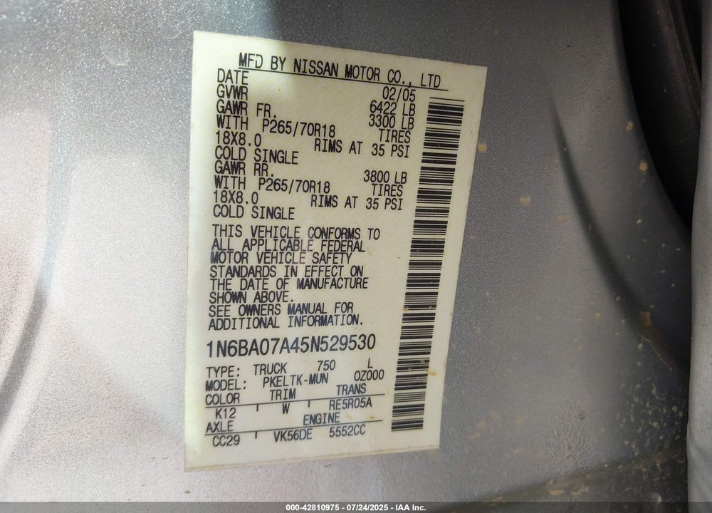 2005 NISSAN TITAN SE VIN: 1N6BA07A45N529530