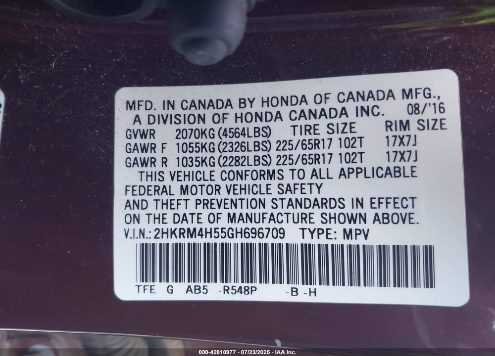 2016 HONDA CR-V EX VIN: 2HKRM4H55GH696709