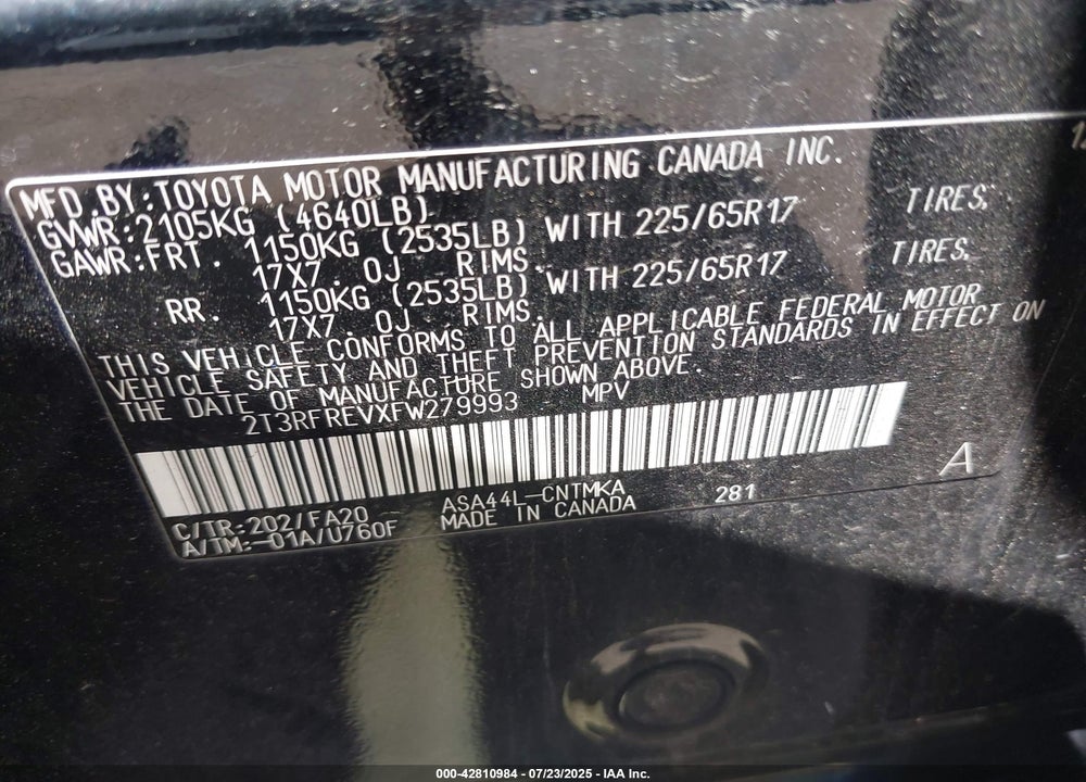 2015 TOYOTA RAV4 VIN: 2T3RFREVXFW279993