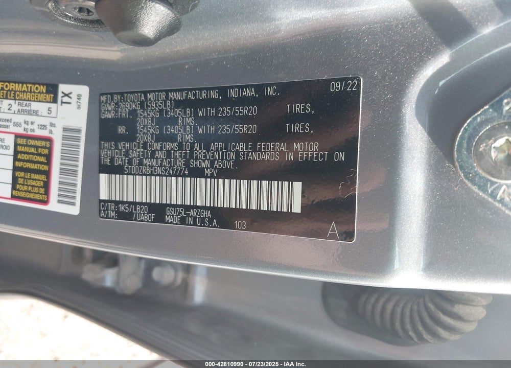 2022 TOYOTA HIGHLANDER VIN: 5TDDZRBH3NS247774