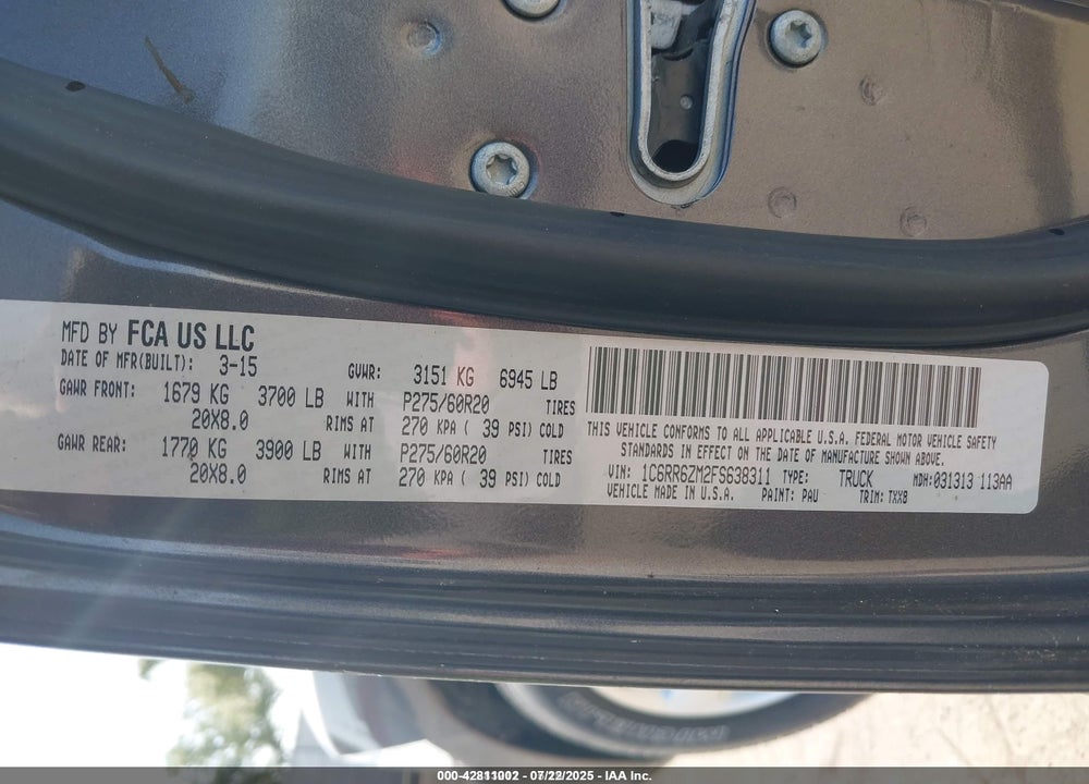 2015 RAM 1500 VIN: 1C6RR6ZM2FS638311