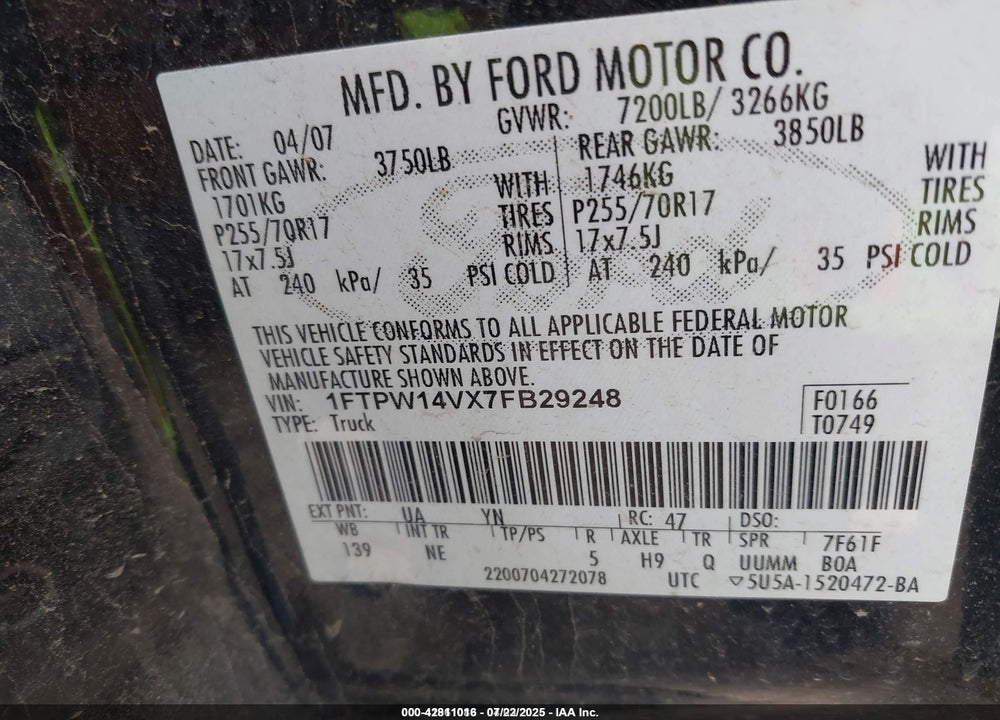 2007 FORD F-150 VIN: 1FTPW14VX7FB29248
