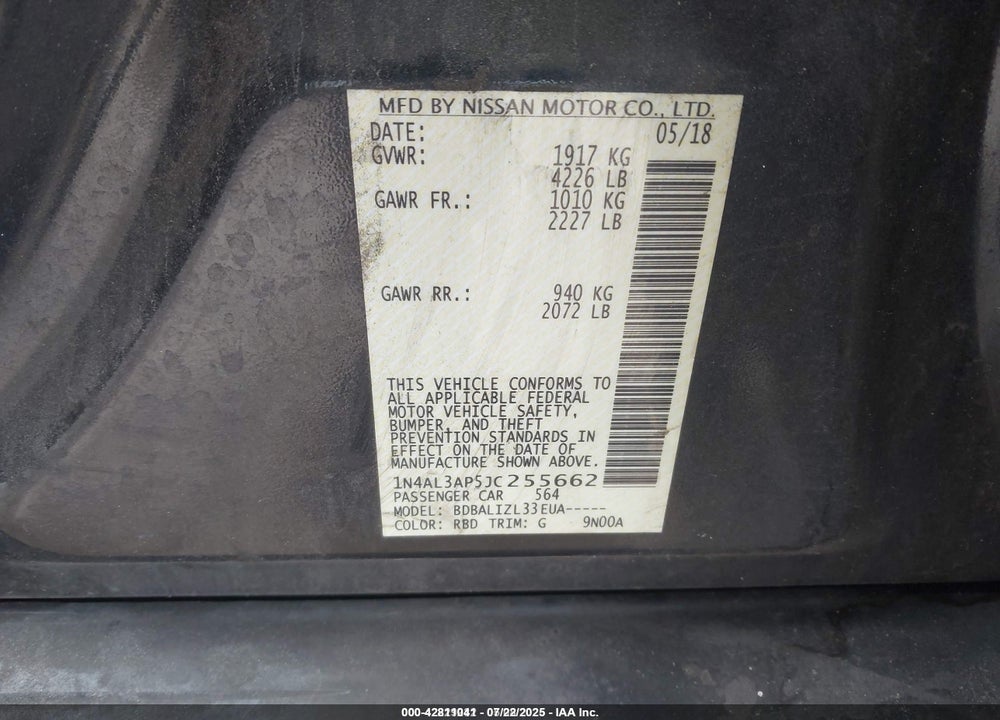 2018 NISSAN ALTIMA VIN: 1N4AL3AP5JC255662