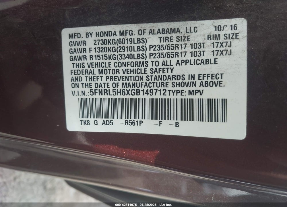 2016 HONDA ODYSSEY EX-L VIN: 5FNRL5H6XGB149712