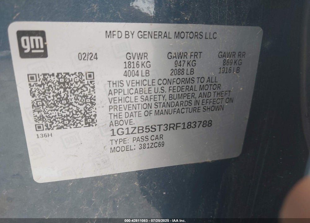 2024 CHEVROLET MALIBU VIN: 1G1ZB5ST3RF183788