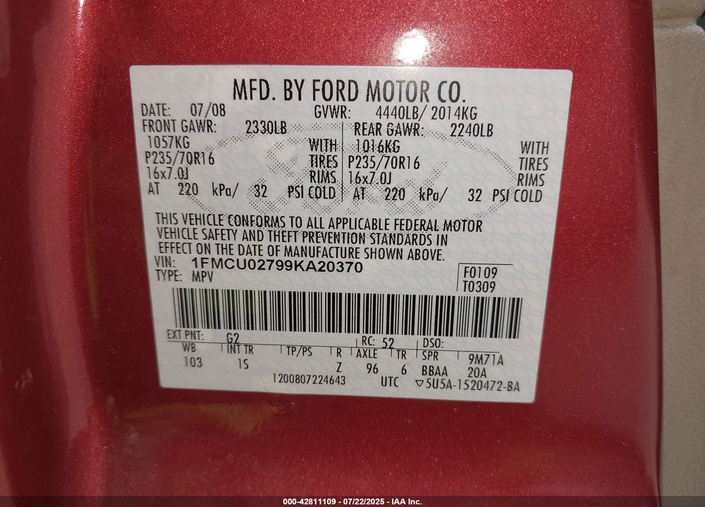 2009 FORD ESCAPE VIN: 1FMCU02799KA20370