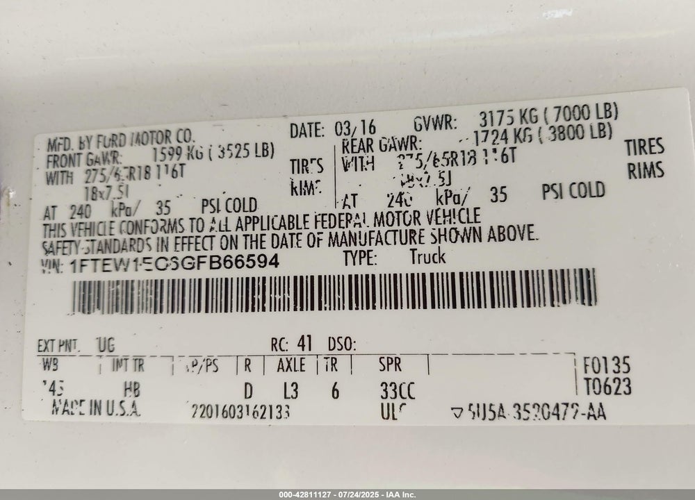 2016 FORD F-150 VIN: 1FTEW1EG6GFB66594