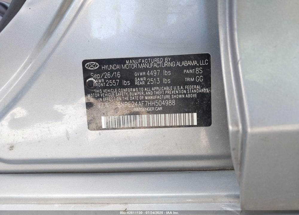 2017 HYUNDAI SONATA SE VIN: 5NPE24AF7HH504988