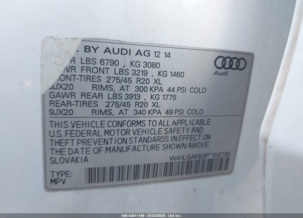 2015 AUDI Q7 VIN: WA1LGAFE0FD012730