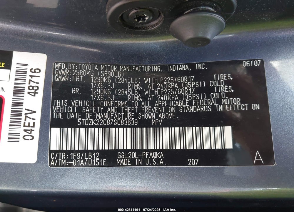 2007 TOYOTA SIENNA XLE VIN: 5TDZK22C87S083639