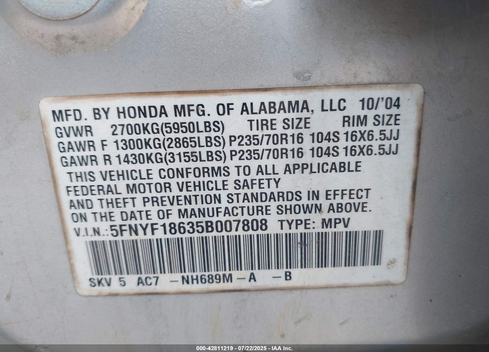 2005 HONDA PILOT EX-L VIN: 5FNYF18635B007808