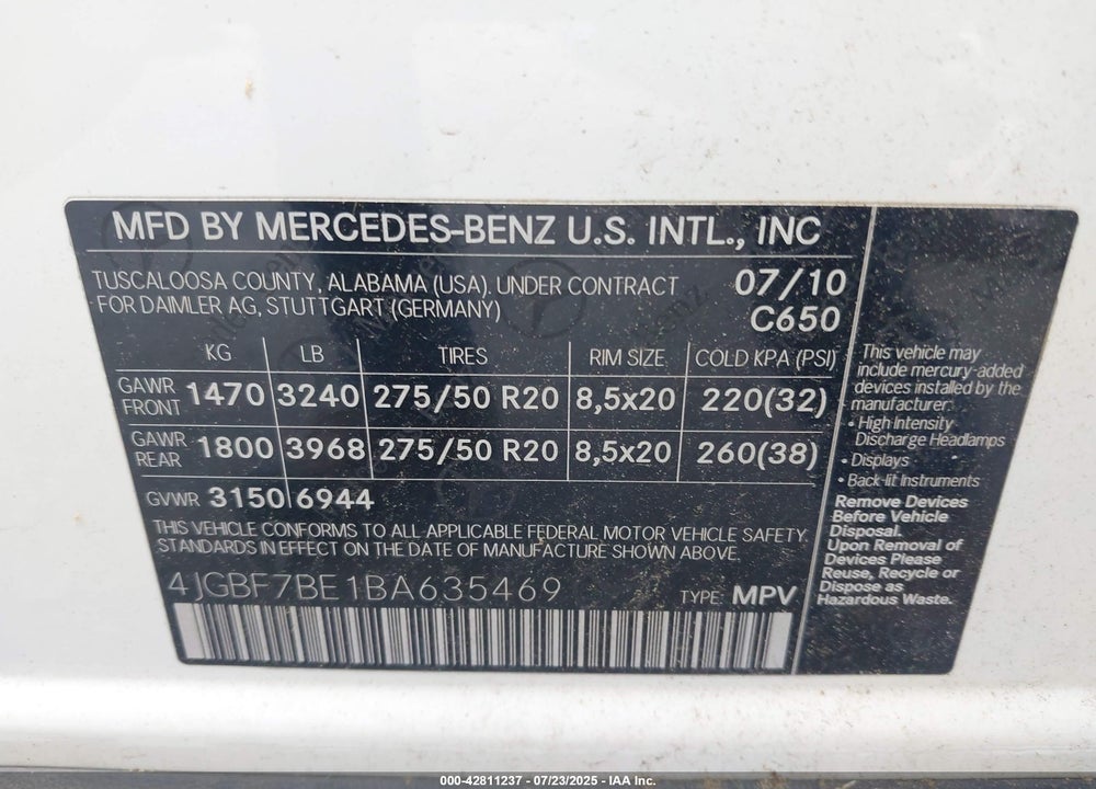 2011 MERCEDES-BENZ GL-CLASS VIN: 4JGBF7BE1BA635469