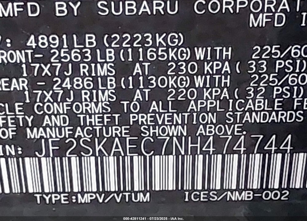 2022 SUBARU FORESTER VIN: JF2SKAEC7NH474744