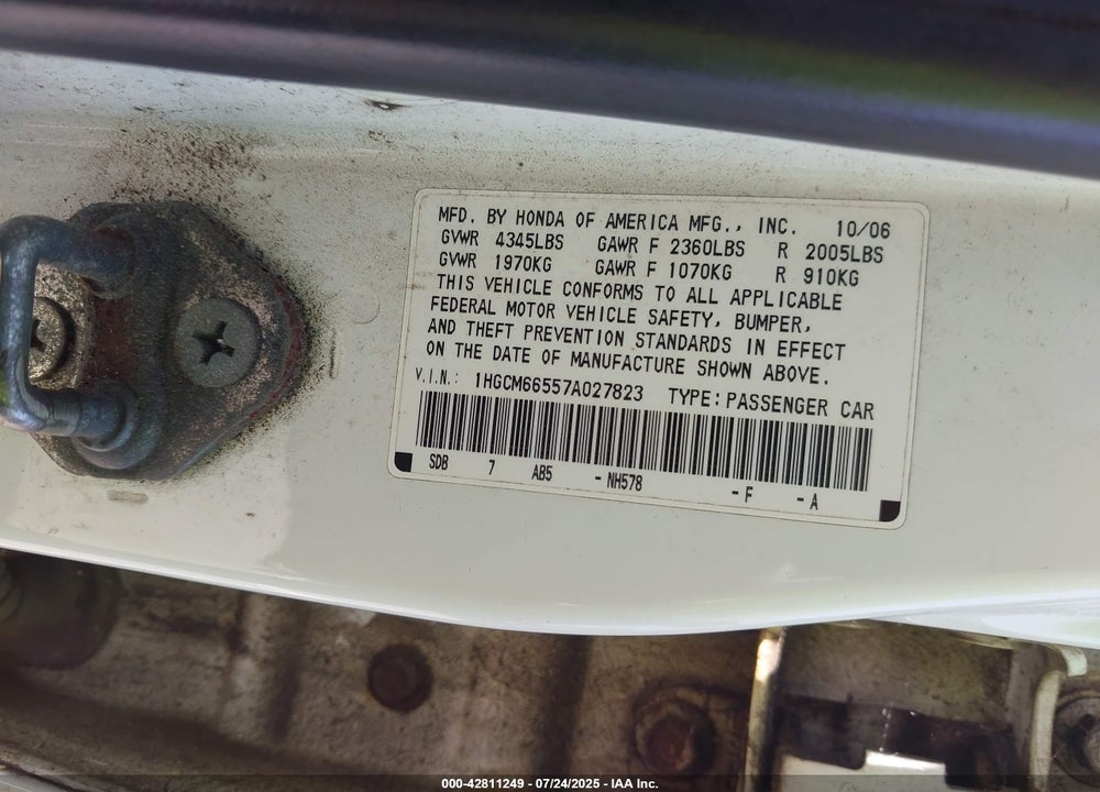 2007 HONDA ACCORD VIN: 1HGCM66557A027823