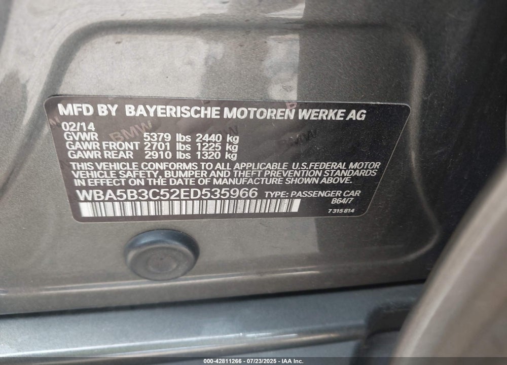 2014 BMW 5 SERIES VIN: WBA5B3C52ED535966